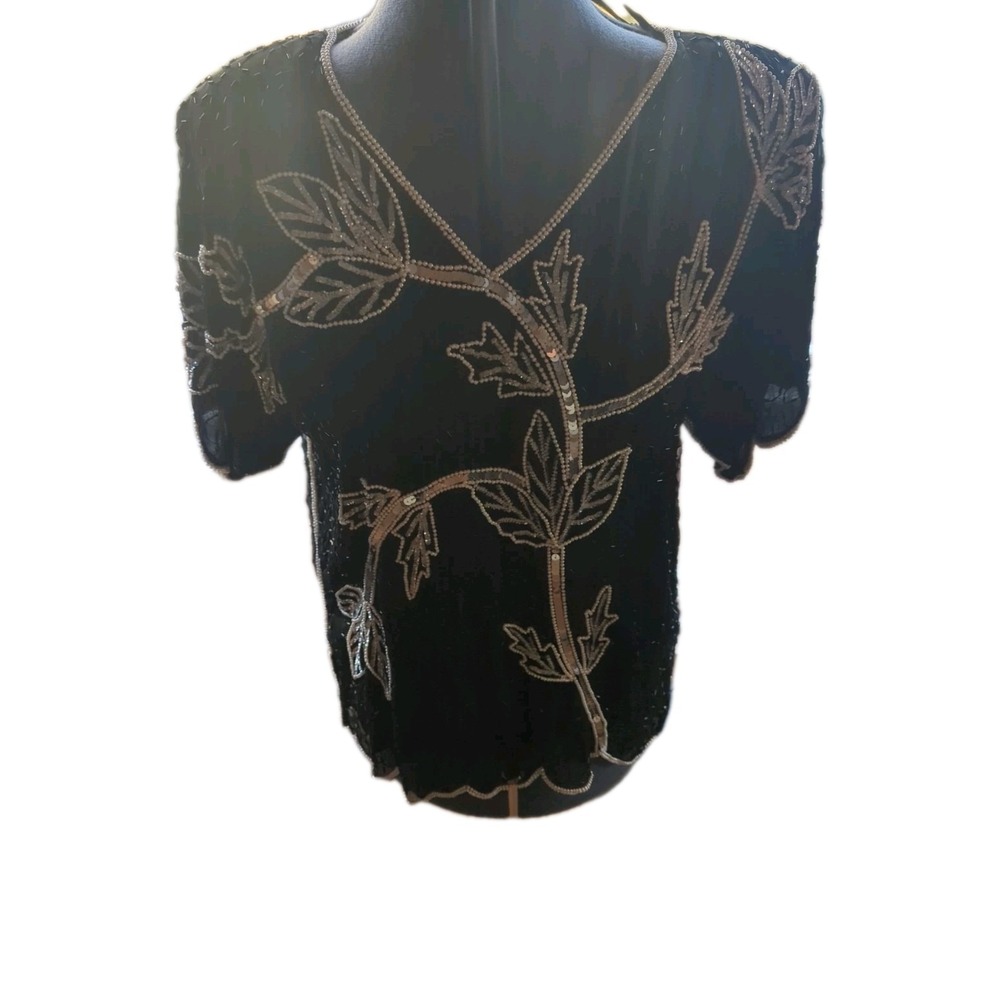 Vintage Megere India Silk Beaded Sequin Top Black V Neck Formal Party M
